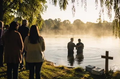Peaceful River Baptism at Autumn Sunrise