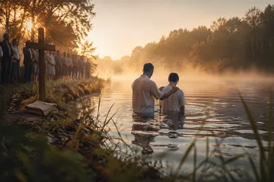 Peaceful Outdoor River Baptism at Sunrise