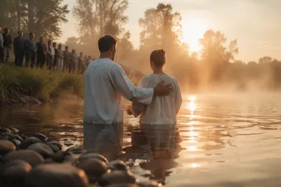 Reverent River Baptism at Autumn Sunrise