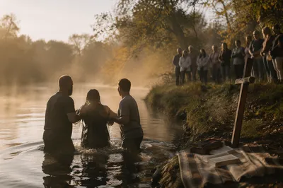 Peaceful Outdoor River Baptism at Sunrise