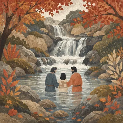 Autumn River Baptism Beneath Forest Waterfalls