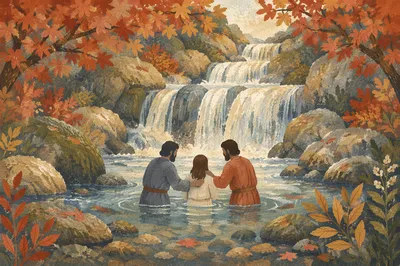 Autumn River Baptism Beneath Forest Waterfalls