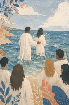 Peaceful Coastal Baptism in White Robes