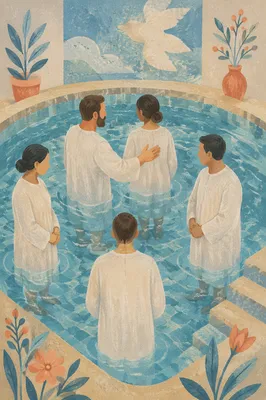 White Robe Baptism Walk Into Water