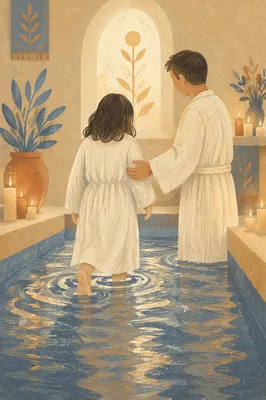 White Robe Baptism Steps Into Water