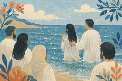 Peaceful Coastal Baptism in White Robes