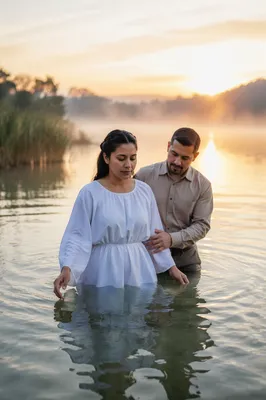 Woman Baptized in Lake at Sunrise