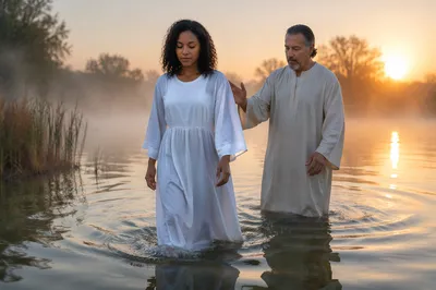 Woman in White Robe Entering Lake