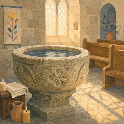 Ancient Baptismal Font in Stone Church
