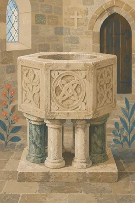 Traditional Stone Baptismal Font in Old Church