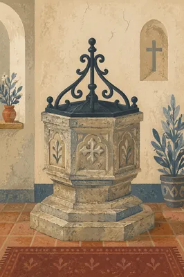 Traditional Stone Baptismal Font in Old Church