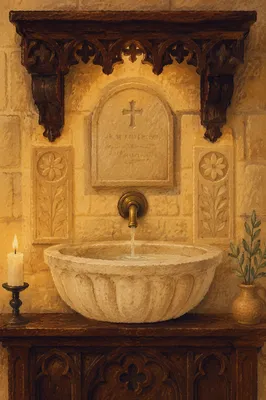 Traditional Stone Baptismal Font in Church