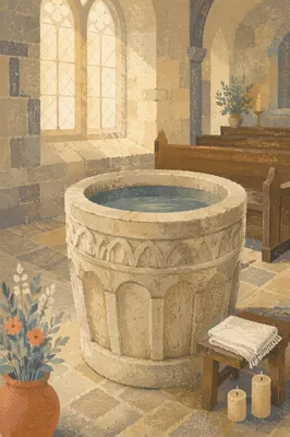 Ancient Baptismal Font in Stone Church