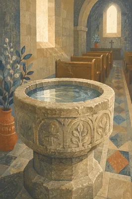 Ancient Baptismal Font in Stone Church