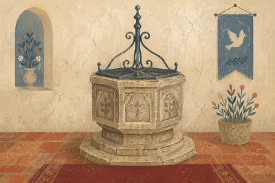 Traditional Stone Baptismal Font in Old Church
