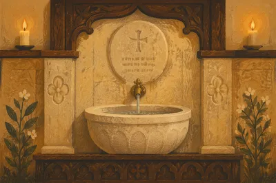 Traditional Stone Baptismal Font in Church