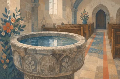 Ancient Baptismal Font in Stone Church