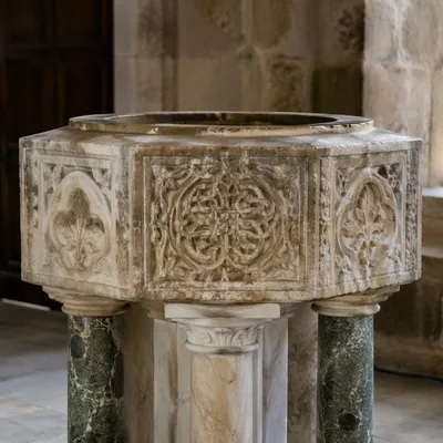 Traditional Stone Baptismal Font in Church