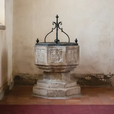 Traditional Stone Baptismal Font in Old Church