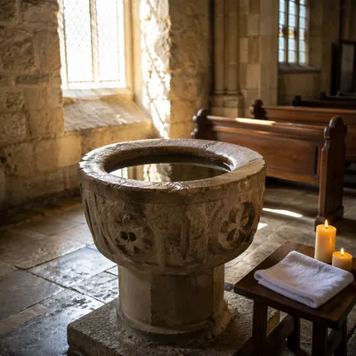 Ancient Baptismal Font in Stone Church