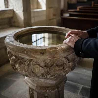 Traditional Stone Baptismal Font in Church