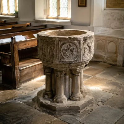 Traditional Stone Baptismal Font in Old Church