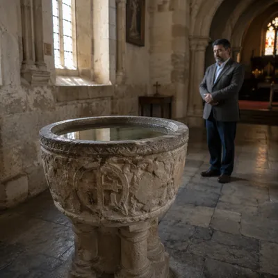 Stone Baptismal Font in Church Interior