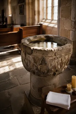Ancient Baptismal Font in Stone Church