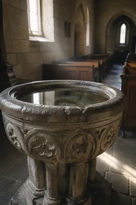 Ancient Baptismal Font in Stone Church
