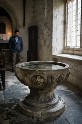 Stone Baptismal Font in Traditional Church