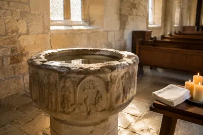 Ancient Baptismal Font in Stone Church