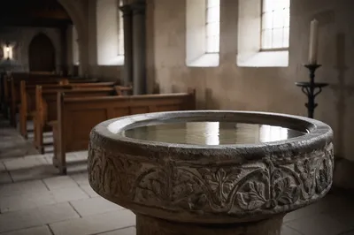 Ancient Baptismal Font in Stone Church