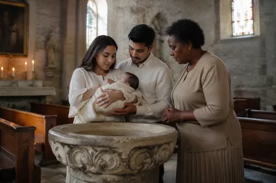 Family Beside Baptismal Font in Stone Church