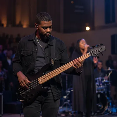 Focused Bass Guitarist on Church Stage
