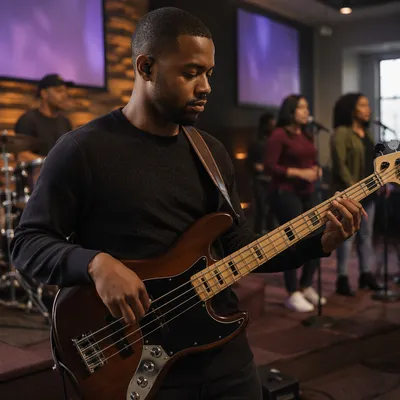 Focused Bass Guitarist on Church Stage