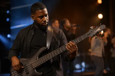 Focused Bass Guitarist on Church Stage