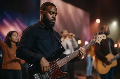 Bass Guitarist Playing on Church Stage