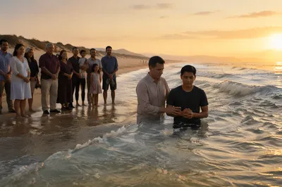 Sunrise Beach Baptism with Watching Congregation