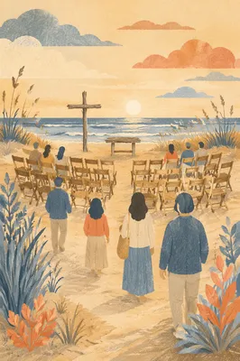 Sunrise Beach Church Service by the Ocean