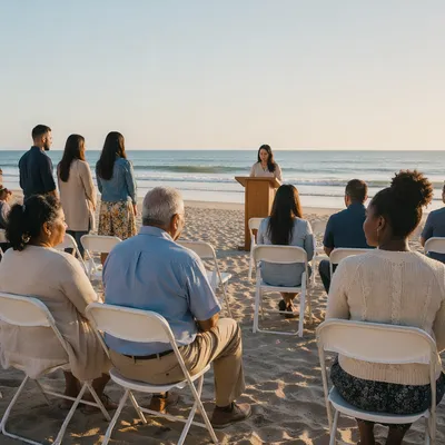Beachside Outdoor Gathering with Chairs and Podium