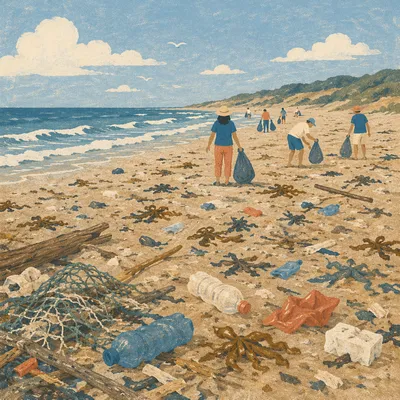 Beach Cleanup Volunteers on Sandy Coastline