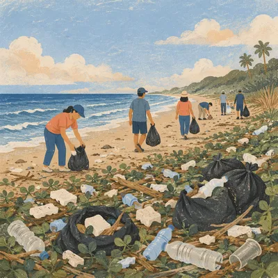 Beach Cleanup Volunteers on Tropical Shore