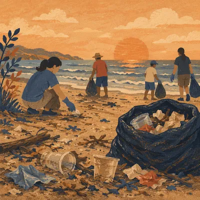 Sunset Beach Cleanup Volunteer Service Scene
