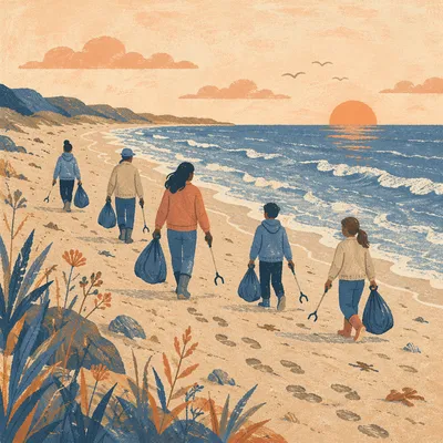 Beach Cleanup Volunteers at Sunrise Shore