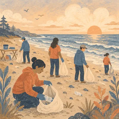 Church Volunteers Cleaning Beach at Sunrise