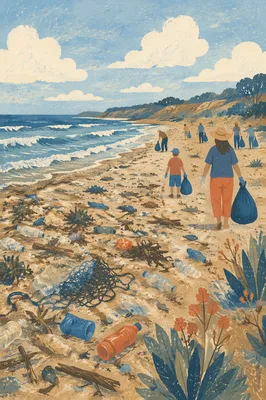 Beach Cleanup Volunteers on Sunny Coastline