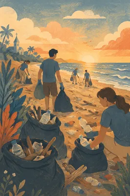 Church Volunteers Cleaning Beach at Sunrise