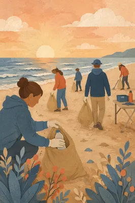 Church Volunteers Cleaning Beach at Sunrise