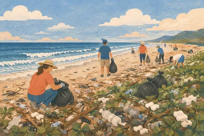 Beach Cleanup Volunteers on Tropical Shore
