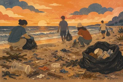 Sunset Beach Cleanup Volunteer Service Scene